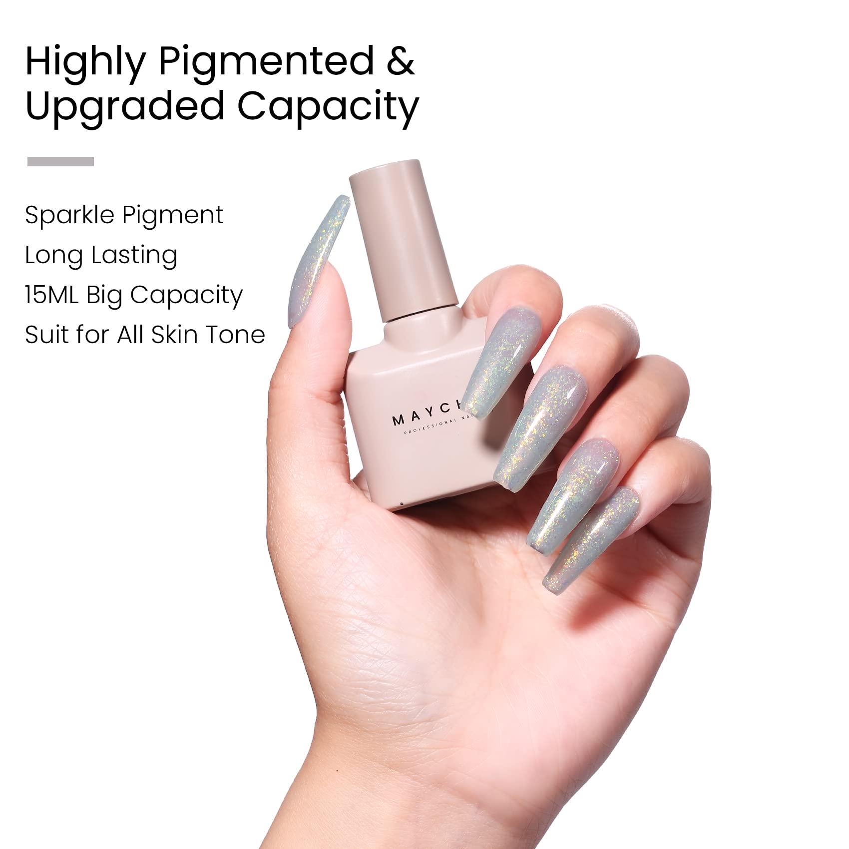 MAYCHAO 15ML Light Green Glitter Gel Nail Polish 1Pc Green Shimmer Gel Polish Soak Off UV LED Nail Polish Nail Art Starter Manicure Salon DIY at Home, 0.5 OZ