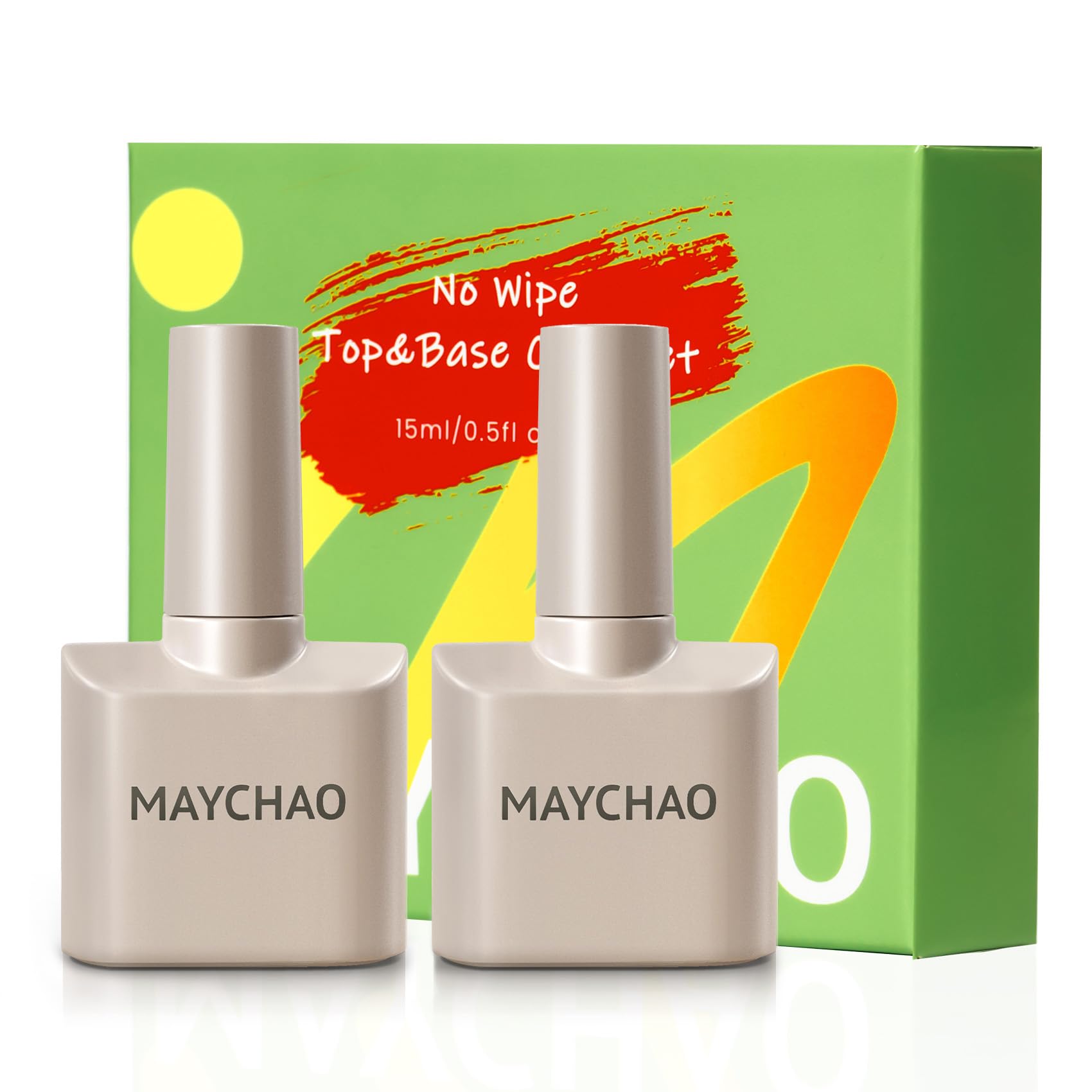 MAYCHAO 2 Pcs 15ml Gel Top and Base Coat Set, Clear Base and No Wipe Shiny Top Coat Gel Nail Polish UV LED Nail Lamp Need Long Lasting Gel Nail Lacquer Nail Art Design Manicure for Women