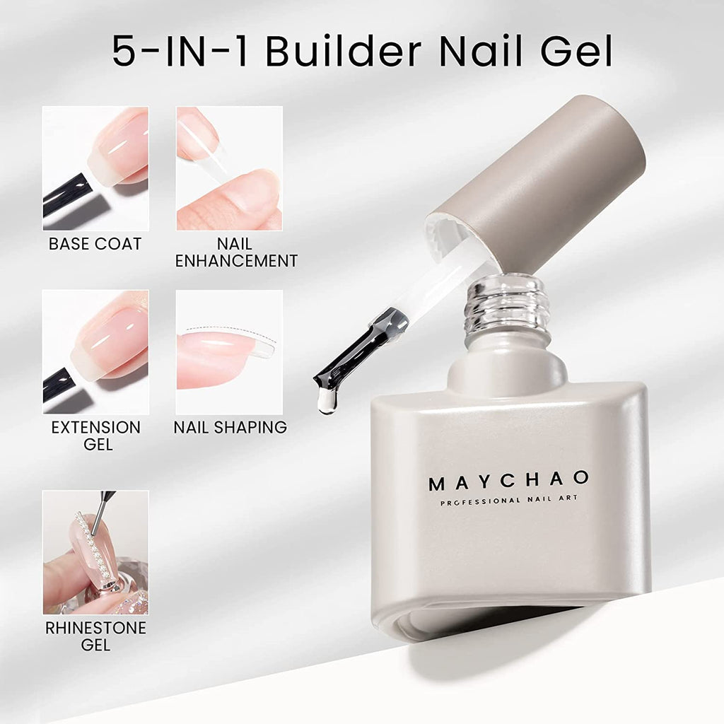MAYCHAO 15ML 5 in 1 Clear Builder Gel Nail Polish for Extension, Strengthener, Hard Base Gel, Rhinestone for Valtines Home Manicure, 0.5 OZ