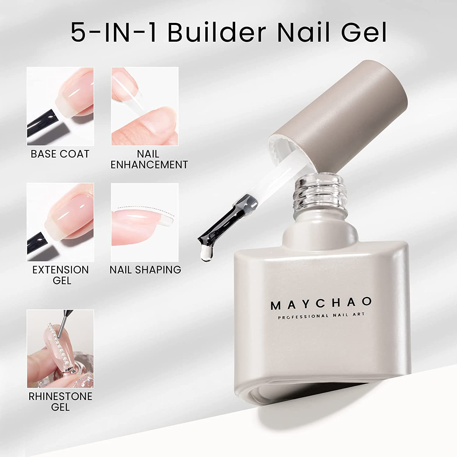MAYCHAO 15ML 5 in 1 Clear Builder Gel Nail Polish for Extension, Strengthener, Hard Base Gel, Rhinestone for Valtines Home Manicure, 0.5 OZ