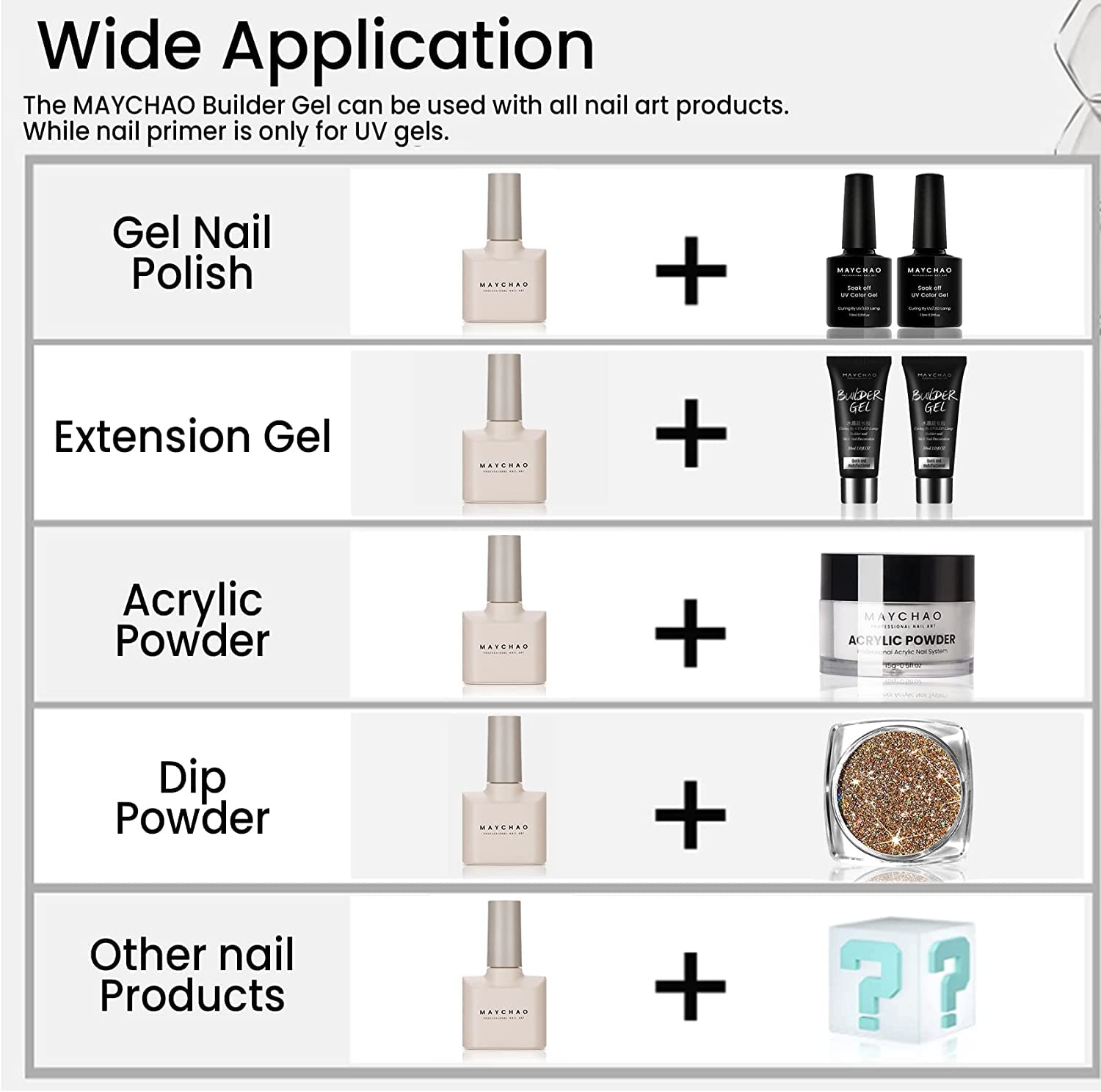 MAYCHAO 15ML 5 in 1 Clear Builder Gel Nail Polish for Extension, Strengthener, Hard Base Gel, Rhinestone for Valtines Home Manicure, 0.5 OZ