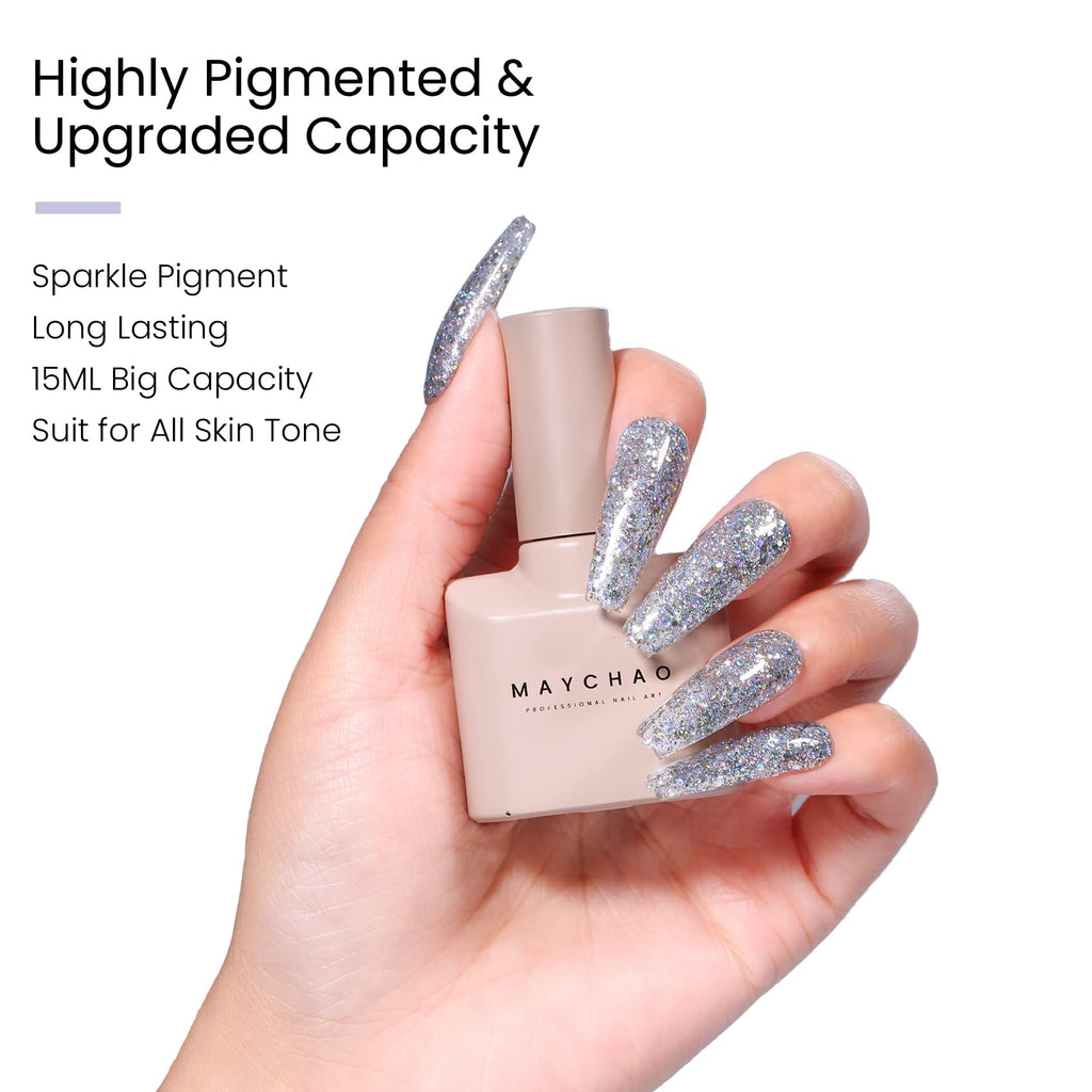 MAYCHAO 15ML Silver Glitter Gel Nail Polish 1Pc Sparkle Silver Glitter Gel Polish Soak Off UV LED Nail Polish Nail Art Starter Manicure Salon DIY at Home, 0.5 OZ