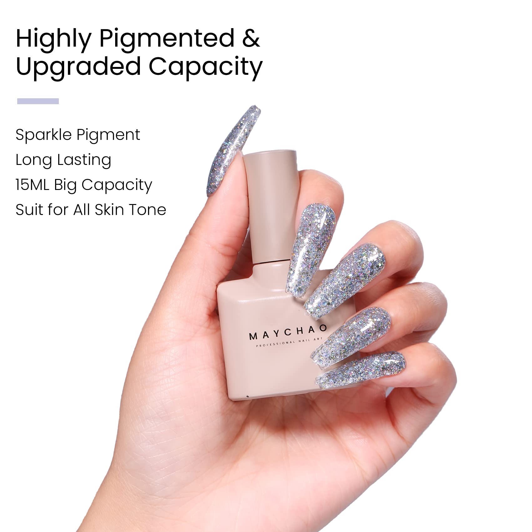 MAYCHAO 15ML Silver Glitter Gel Nail Polish 1Pc Sparkle Silver Glitter Gel Polish Soak Off UV LED Nail Polish Nail Art Starter Manicure Salon DIY at Home, 0.5 OZ