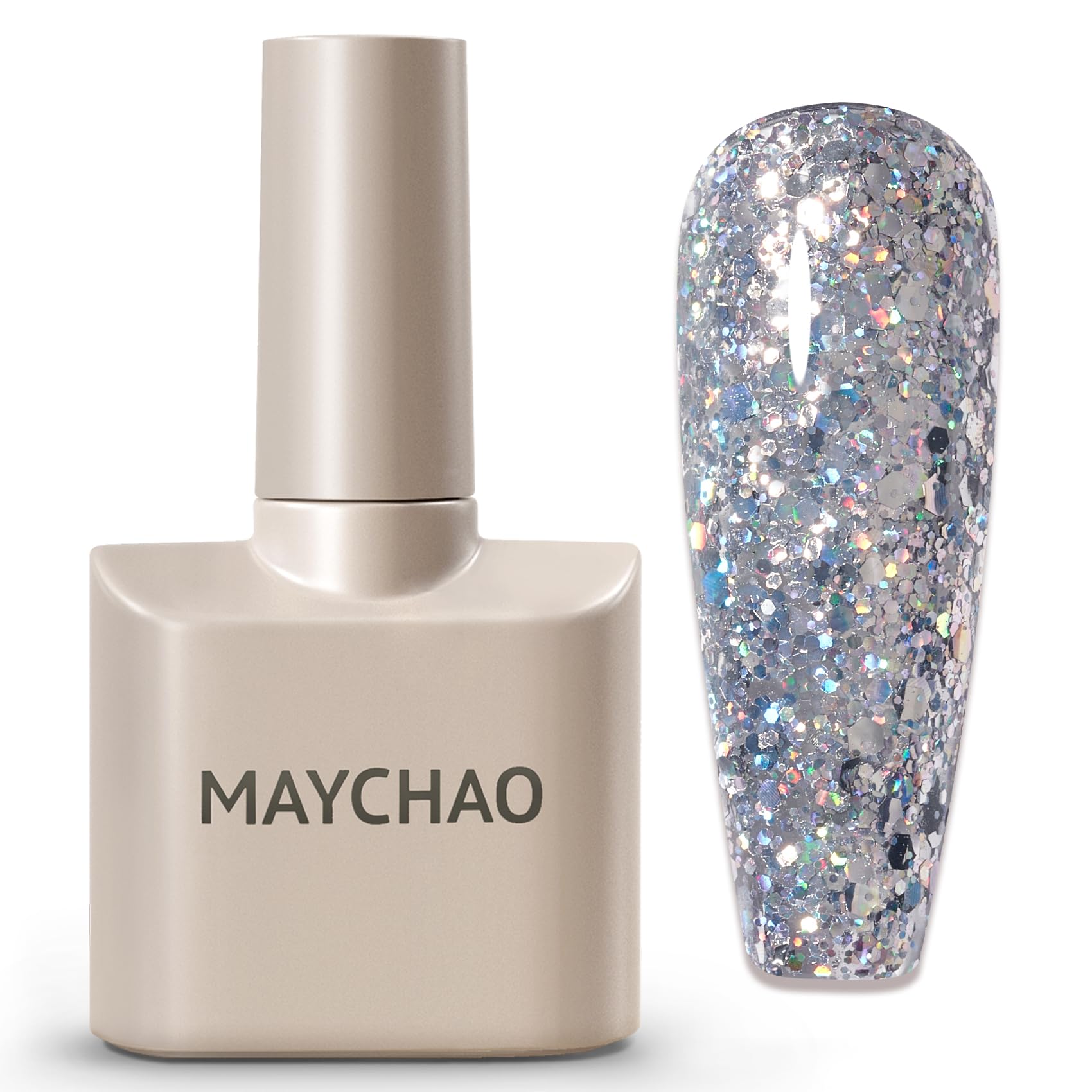 MAYCHAO 15ML Silver Glitter Gel Nail Polish 1Pc Sparkle Silver Glitter Gel Polish Soak Off UV LED Nail Polish Nail Art Starter Manicure Salon DIY at Home, 0.5 OZ