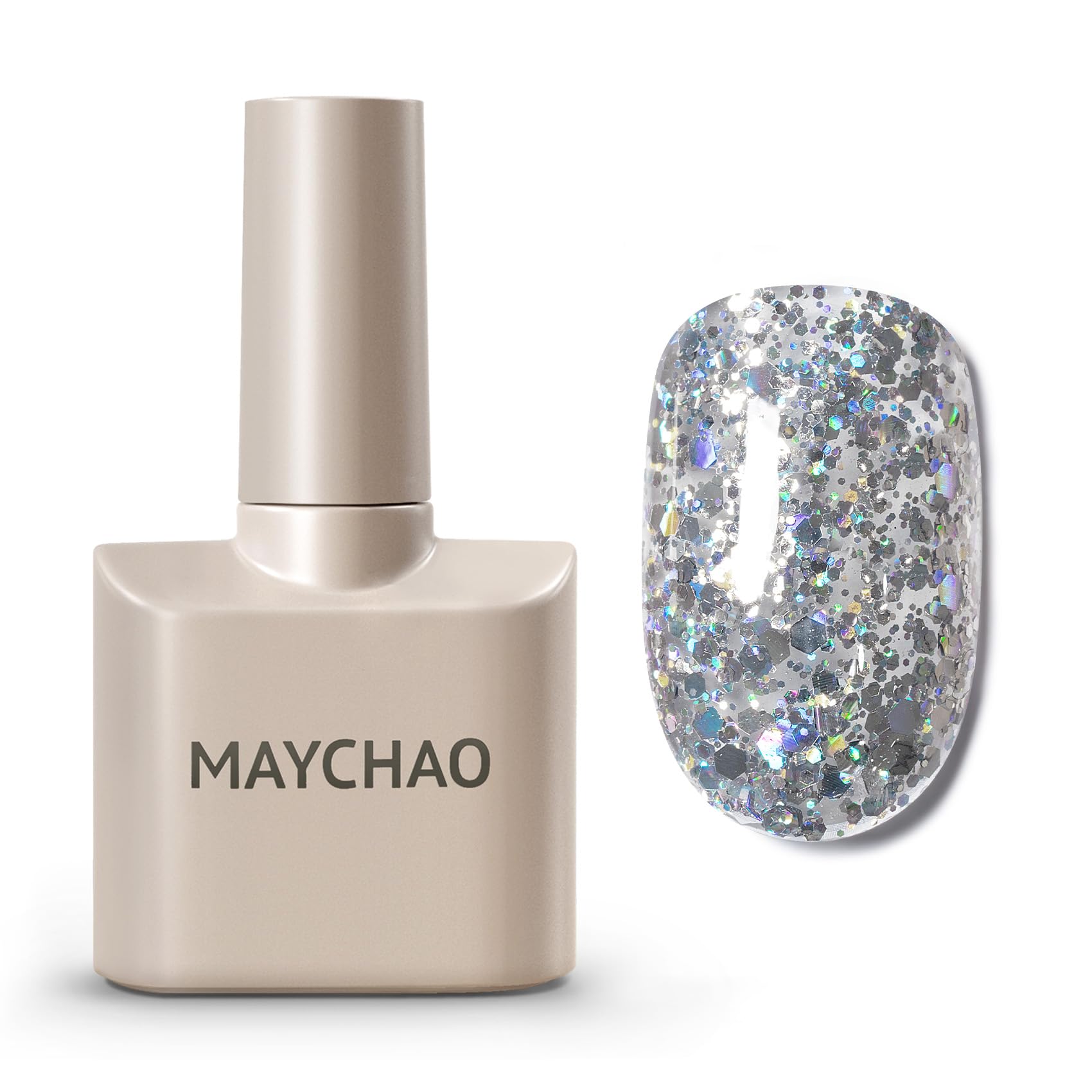 MAYCHAO 15ML Silver Glitter Gel Nail Polish 1Pc Sparkle Silver Glitter Gel Polish Soak Off UV LED Nail Polish Nail Art Starter Manicure Salon DIY at Home, 0.5 OZ