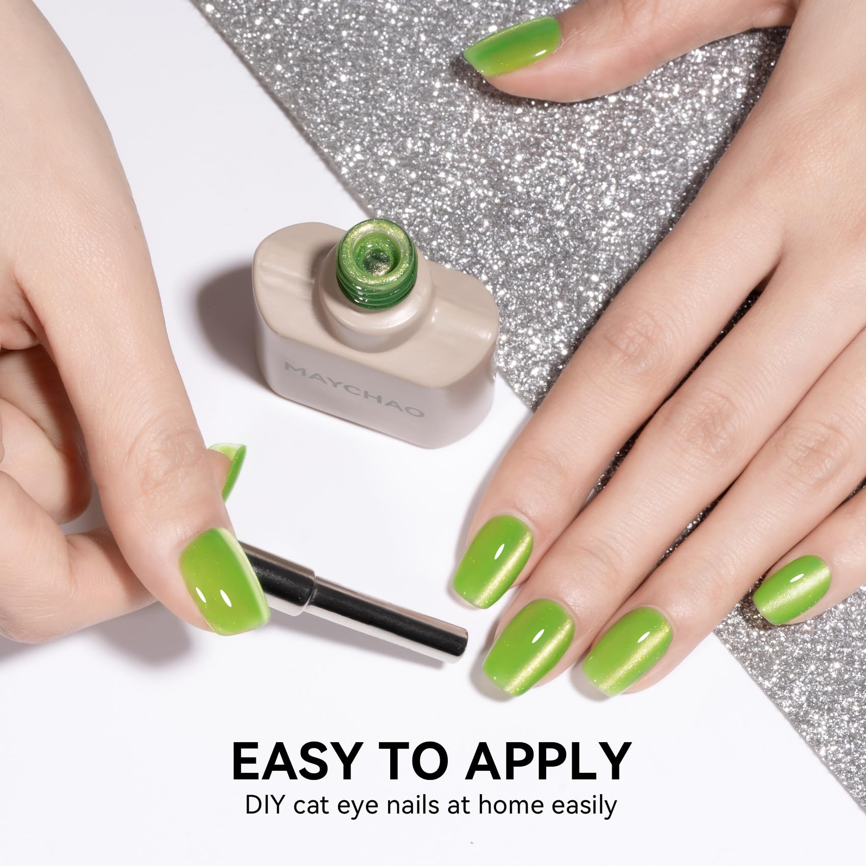 MAYCHAO 15ML Cat Eye Gel Nail Polish 1Pc Aurora Green Gel Polish with Magnet Soak off Holographic Magnetic Nail Polish for Nail Art Manicure Salon DIY at Home, 0.5 OZ