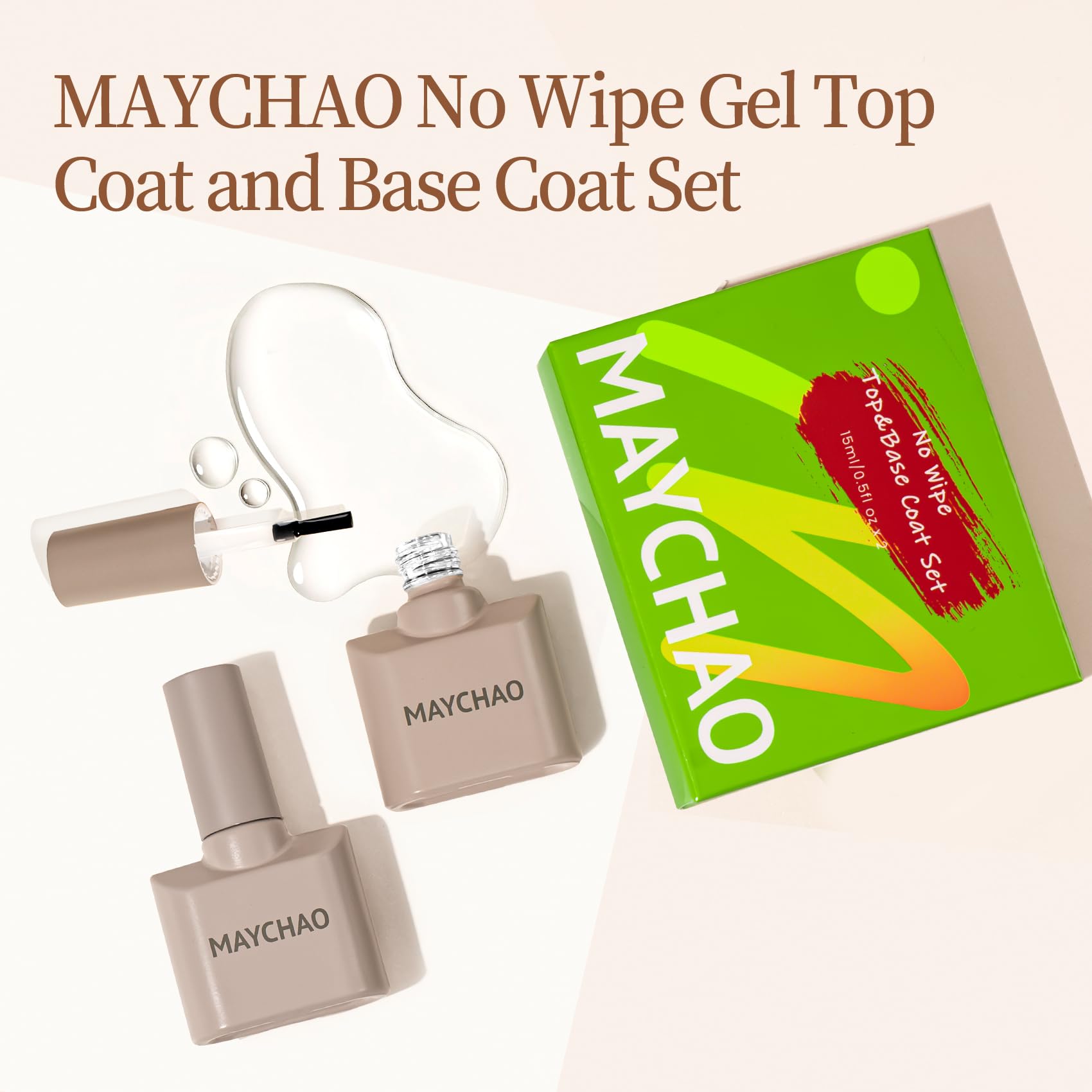 MAYCHAO 2 Pcs 15ml Gel Top and Base Coat Set, Clear Base and No Wipe Shiny Top Coat Gel Nail Polish UV LED Nail Lamp Need Long Lasting Gel Nail Lacquer Nail Art Design Manicure for Women