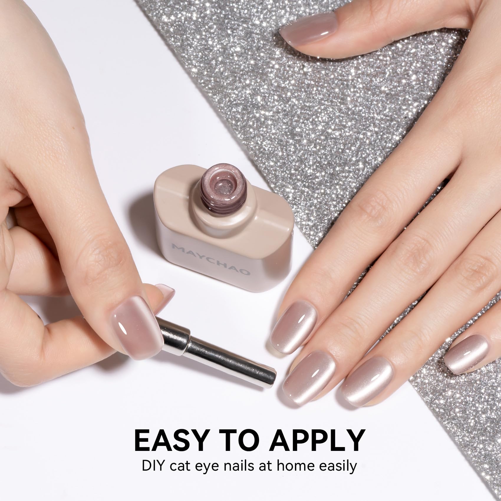 MAYCHAO 15ML Crystal Glassy Nude Cat Eye Gel Nail Polish 1Pc Silk Nude Cat Eye Gel Polish with Magnet Soak off Holographic Magnetic Nail Polish for Nail Art Manicure Salon DIY at Home, 0.5 OZ
