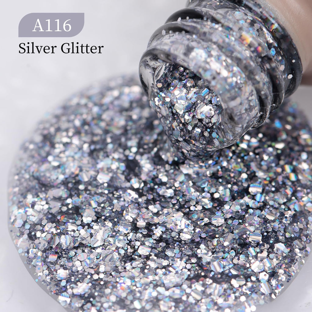 MAYCHAO 15ML Silver Glitter Gel Nail Polish 1Pc Sparkle Silver Glitter Gel Polish Soak Off UV LED Nail Polish Nail Art Starter Manicure Salon DIY at Home, 0.5 OZ